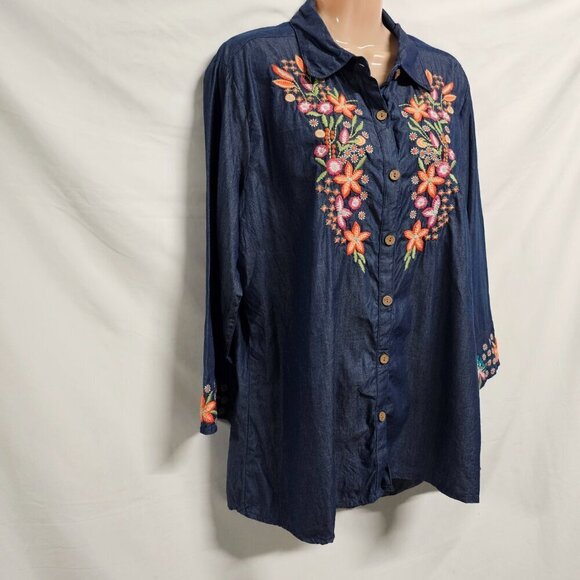 Parsley & Sage Women Embroidered Top Blouse Shirt Size `1X Blue Button Up Collar - Picture 7 of 14